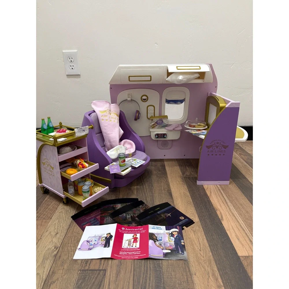 American Girl Air Lines Airplane‎ Playset Purple Gold Doll Accessories Food Cart